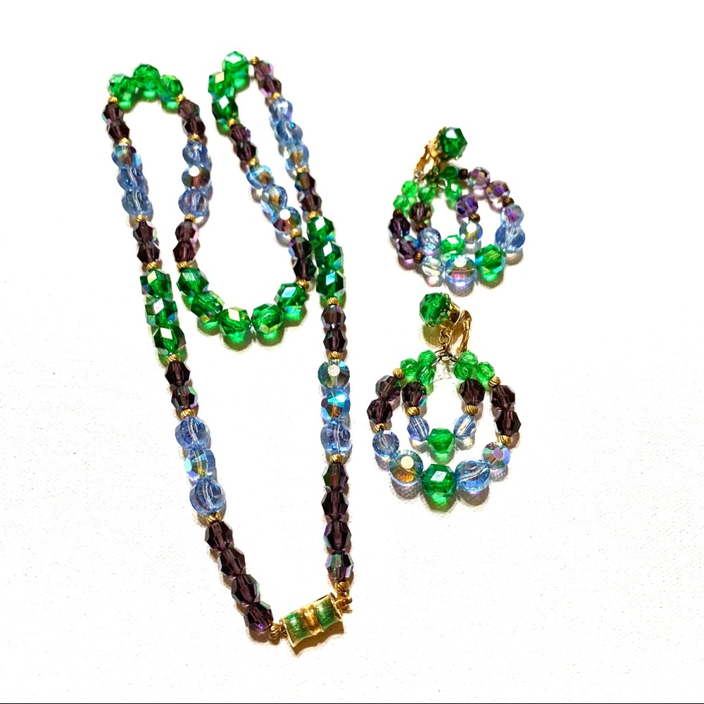 Vintage  Necklace & Earring Set Crystal Beads Green Blue Purple